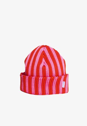 Knit beanie with vertical red and pink stripes, featuring a folded ribbed brim and a smooth texture. Small label on the side.