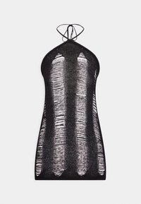 Abito mini a halter crochet nero con strisce aperte verticali che rivelano un tessuto bianco sottostante, legato al collo.