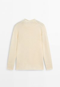 Cream long-sleeve knitted sweater with a round neckline, shown from the back on a white background.