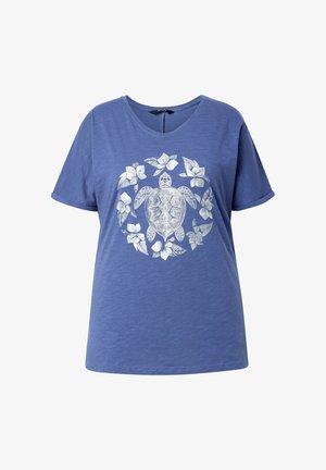 Blue short-sleeve t-shirt with a round neckline and a white graphic of a sea turtle surrounded by flowers on the front.