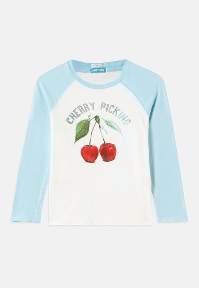 Long-sleeve white shirt with light blue sleeves featuring two red cherries and green leaves, text "CHERRY PICKING" above.