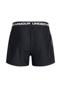 Svarta sportshorts med en slät yta, med en vit "UNDER ARMOUR"-logotyp på midjebandet och minimalistisk design.