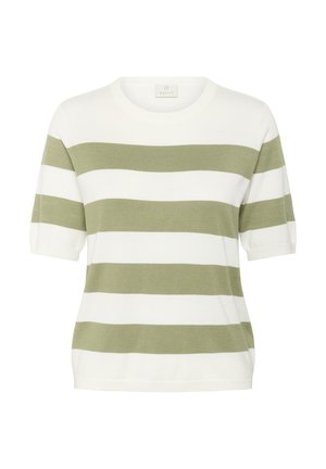 Witte trui met korte mouwen en brede olijfgroene en witte strepen. Ronde halslijn en een zacht breiwerk. Etiket zichtbaar aan de achterkant van de hals.