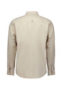 Lichtbeige langarmshirt met een standaardkraag, knoopmanchetten en een kleine decoratieve knoop aan de achterkant. Glad stoftextuur.