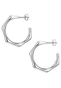 Strieborné šesťuholníkové náušnice s hladkým, lesklým povrchom. Obsahujú bezpečné zapínanie na kolík a motýlik. Moderný geometrický dizajn.