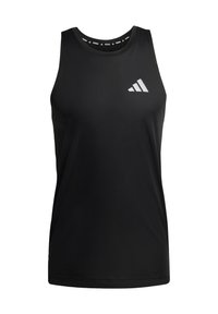 Black sleeveless active top made of smooth fabric, featuring a round neck and a reflective three-stripe logo on the chest.
