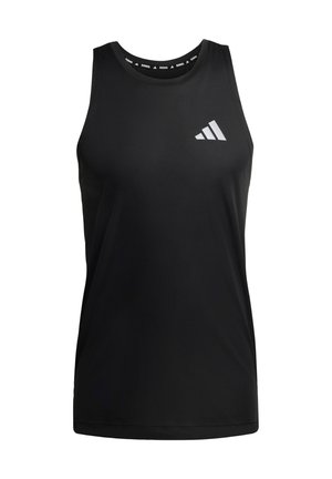 Black sleeveless active top made of smooth fabric, featuring a round neck and a reflective three-stripe logo on the chest.