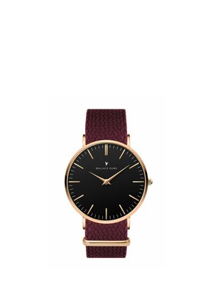 Watch with black face, gold case, slim gold hour markers and hands, labeled Wallace Hume, and a textured dark purple woven strap.