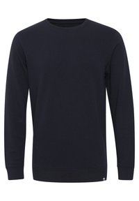 Marineblauwe sweatshirt van katoen, met een ronde hals, lange mouwen, ribgebreide boorden en een naadloze textuur. Eenvoudig ontwerp zonder patronen.