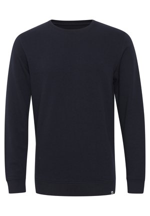 Mørkeblå sweatshirt lavet af bomuld, med rund hals, lange ærmer, ribbet manchetter og en sømløs tekstur. Enkel design uden mønstre.