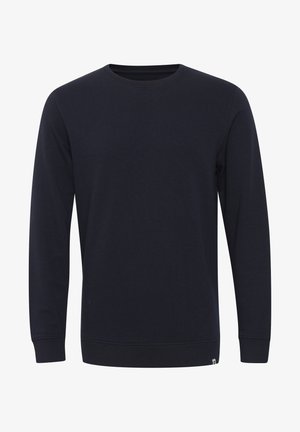 Námořnický modrý svetr vyrobený z bavlny, s kulatým výstřihem, dlouhými rukávy, žebrovanými manžetami a bezšvovou strukturou. Jednoduchý design bez vzorů.