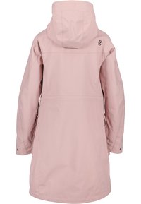 Helle rosa wasserdichte Jacke mit Kapuze, seitlichen Taschen, einem lockeren Schnitt und einem kleinen Logo am Rückenpasse.