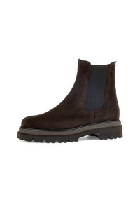 Bruine suède Chelsea-boot met elastische zijpanelen, ronde neus en dikke rubberen zool met een profiel voor grip.