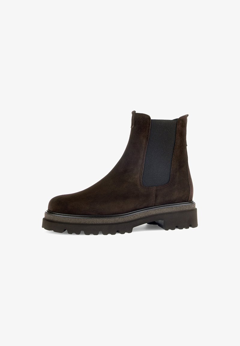Bruine suède Chelsea-boot met elastische zijpanelen, ronde neus en dikke rubberen zool met een profiel voor grip.