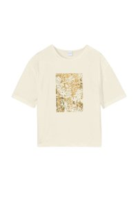 Beige T-Shirt mit kurzen Ärmeln und einem strukturierten goldenen Quadrat-Motiv in der Mitte. Hergestellt aus Baumwolle mit einer lässigen Passform.
