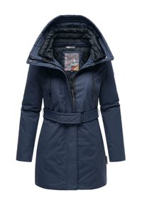 Veste d'hiver matelassée bleu marine avec capuche, fermeture éclair à l'avant, accents à cordon de serrage et taille ceinturée. Comprend une doublure intérieure colorée.
