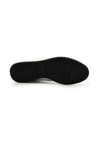 Suola di scarpa in gomma nera con un motivo testurizzato e un logo circolare. Il design presenta un profilo piatto adatto per varie attività.