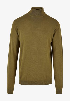 Pull en col roulé vert olive avec des manches longues, des poignets côtelés et une texture lisse et douce. Design simple et ajusté sans motifs ni accents.