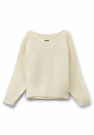 Cremfarbener, gerippter Strickpullover mit weitem Ausschnitt, langen Ärmeln und cropped Passform. Weiche Textur mit subtilen Farbvariationen.