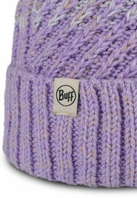 Knit purple beanie featuring a textured pattern with light accents. Attached label shows "Buff" logo in a circular design at the bottom.