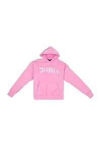 Rosa Kapuzenpullover mit einer Fronttasche und weißem "Dropsie"-Logo, aus weichem, strapazierfähigem Stoff mit gerippten Bündchen.