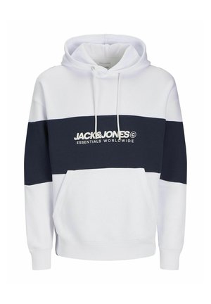 Valge kapuutsiga pusa, millel on tumesinine horisontaalne triip, ees on kenguru tasku ja kapuutsil nöör. Tekst ütleb "JACK&JONES ESSENTIALS WORLDWIDE."