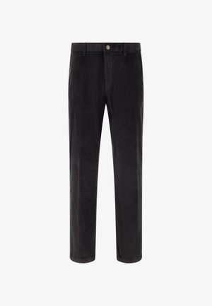 Schwarze Cord-Hosen mit geradem Schnitt, ausgestattet mit einem Knopfverschluss und feiner gerippter Textur. Klarer Schnitt und mittelhoher Bund.