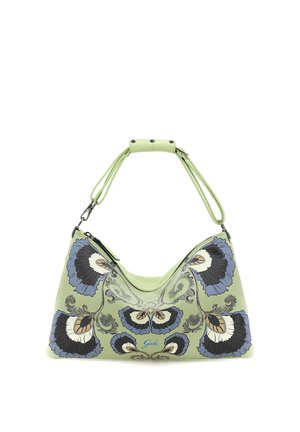 Borsa verde chiaro con motivi floreali blu e beige e tracolla corta, chiusura con cerniera nella parte superiore.