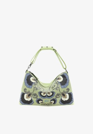 Borsa verde chiaro con motivi floreali blu e beige e tracolla corta, chiusura con cerniera nella parte superiore.