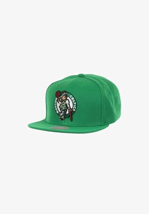 Green snapback cap featuring an embroidered Boston Celtics logo with a leprechaun holding a basketball and two shamrocks.