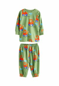 Zöld pamut pizsamaszett hosszú ujjakkal és rugalmas derékpánttal. A mintán színes traktorok és „BEEP BEEP!” felirat található.