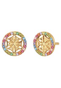 Orecchini circolari in tono oro con un design a forma di stella al centro, circondato da gemme multicolori. Finitura in metallo testurizzato.