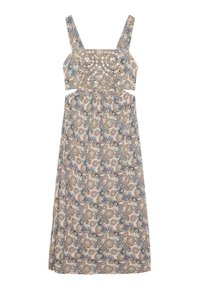 Vestido maxi con un bodicio ajustado, tirantes finos y un estampado floral en azul, beige y naranja. Presenta detalles recortados y una cinturilla elástica.