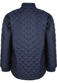 Navy blue quilted jacket with diamond pattern, ribbed collar and cuffs, and a smooth texture on the fabric. Back view with no embellishments.