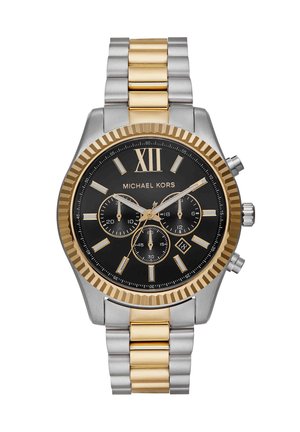 Orologio da polso Michael Kors bicolore argento e oro con quadrante nero, numerale romano XII, tre quadranti secondari e finestra data alle 4.