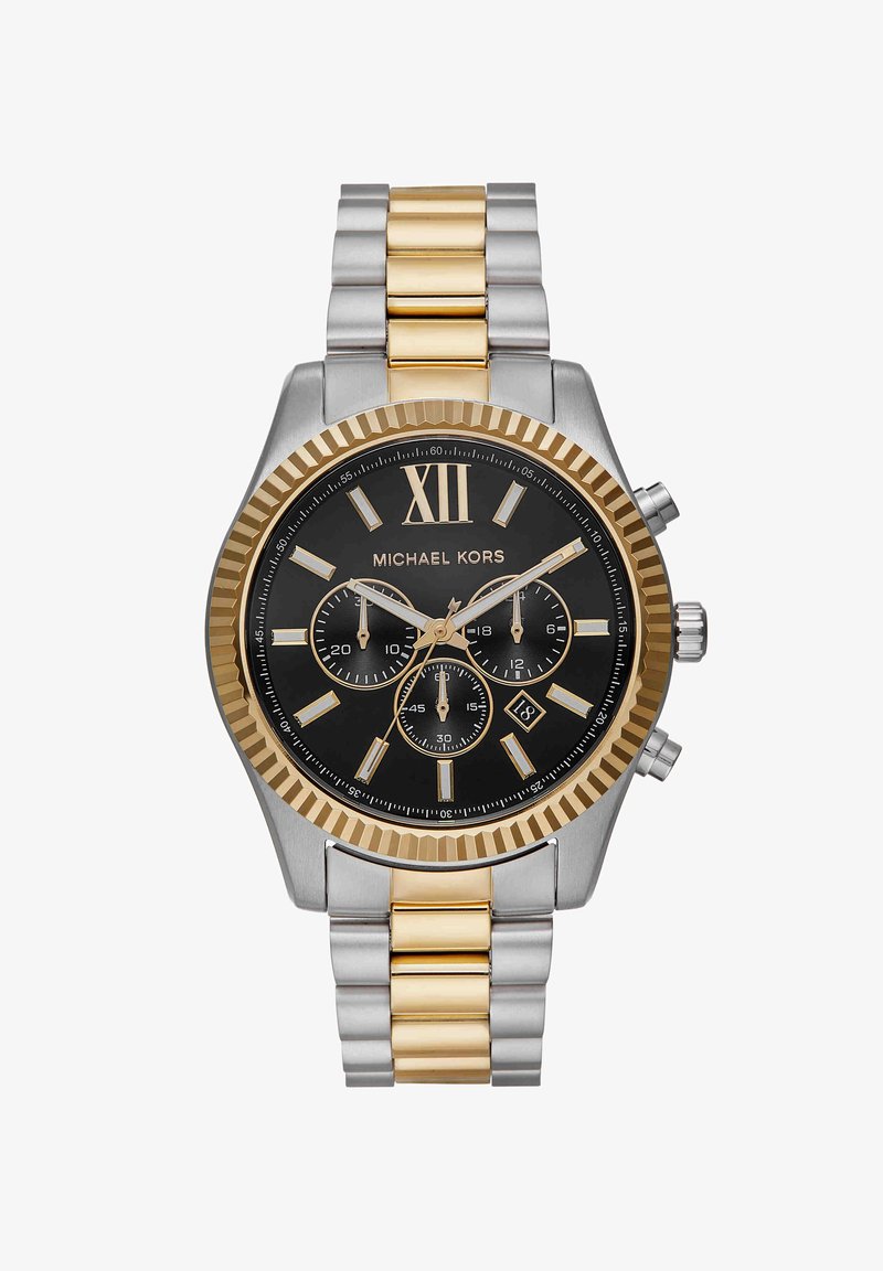 Orologio da polso Michael Kors bicolore argento e oro con quadrante nero, numerale romano XII, tre quadranti secondari e finestra data alle 4.