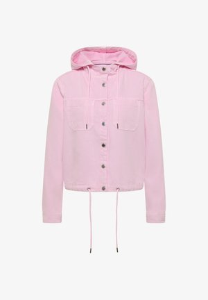 Veste à capuche rose clair avec manches longues, boutons-pression à l'avant, deux poches poitrine et cordons de serrage réglables à l'ourlet.