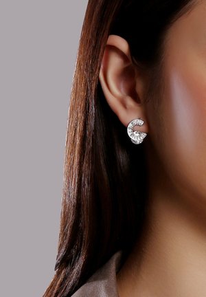 Silberohrringe mit kreisförmigem Design und strukturierten Akzenten, mit einem zentralen klaren Edelstein, der vor einem dunklen Hintergrund hervorgehoben wird.