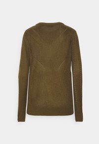 Maglione lavorato a maglia verde oliva con scollatura rotonda, maniche lunghe, polsini a coste e motivi testurizzati diagonali sul retro.