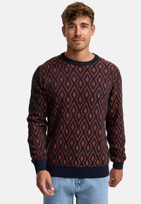 Pullover tricotat de culoare bleumarin, cu un model de diamante portocalii, material texturat, guler rotund și manșete și tiv cu côrburi.
