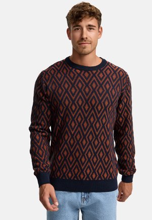Gebreid sweater in marineblauw met een oranje ruitpatroon, textiel met structuur, ronde halslijn en ribgebreide manchetten en zoom.