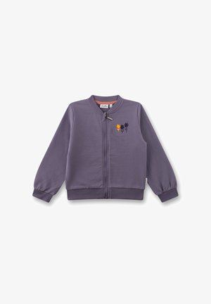 Lila Reißverschlussjacke aus weichem Stoff, mit elastischen Bündchen und einer floral gestickten Gestaltung in Gelb- und dunklen Farben auf der Vorderseite.