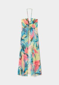 Maxi-jurk met een strapless ontwerp, gemaakt van doorschijnende stof met levendige tropische bloemenpatronen in roze, groen en blauwe tinten.