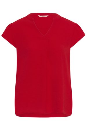 Red short-sleeve women's blouse with a V-notch neckline and a relaxed fit.