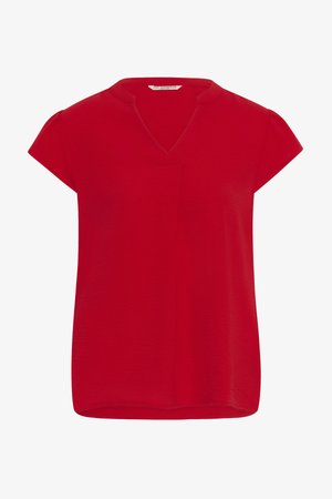Red short-sleeve women's blouse with a V-notch neckline and a relaxed fit.
