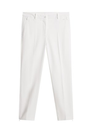 Weiße, maßgeschneiderte Hosen mit zwei Seitenlängentaschen, Reißverschluss- und Knopfverschluss sowie leicht tailliertem Beinschnitt. Glatte Stofftextur.