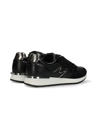Black low-top sneakers with textured heel, metallic accents, white sole, side zipper, and laces, shown from rear side.