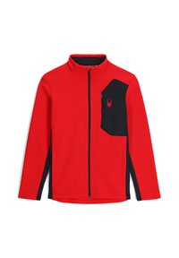 Giacca rossa con zip, caratterizzata da una texture a coste, dettagli laterali neri e una tasca sul petto nera con un logo a ragno rosso.