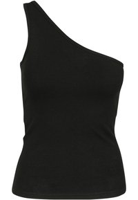 Haut noir sans manches avec une bretelle d'épaule et une silhouette ajustée.