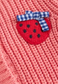 Tissu rose tricoté avec un patch fraise rouge comprenant des graines noires et un nœud à carreaux bleu et blanc sur le dessus.